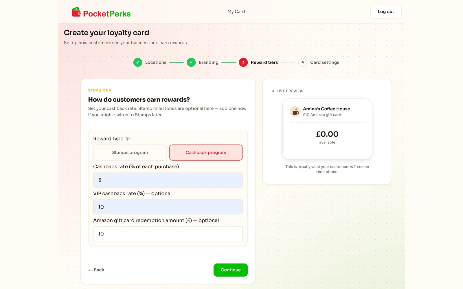 Cashback with a gift card option