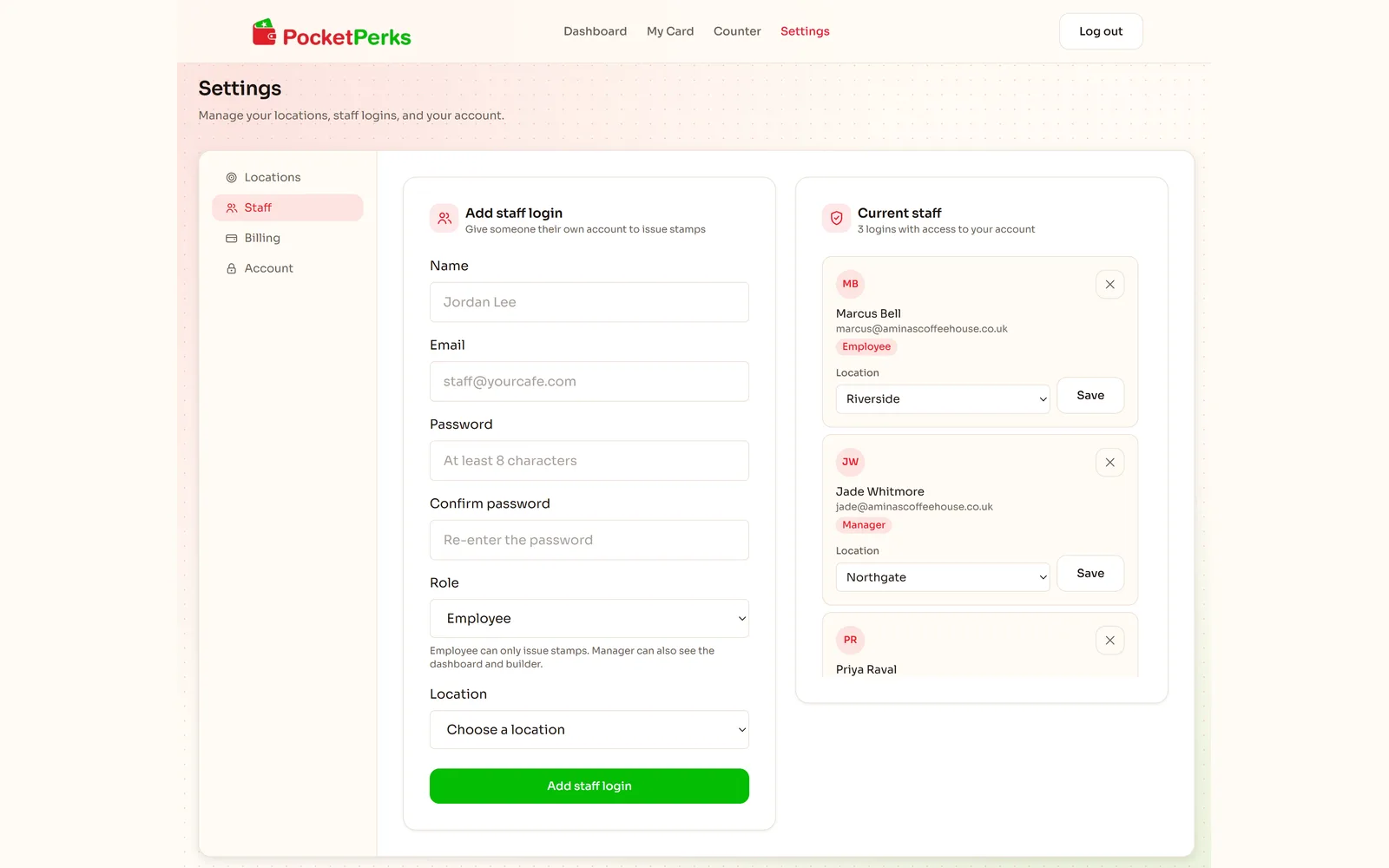 Adding staff logins and roles